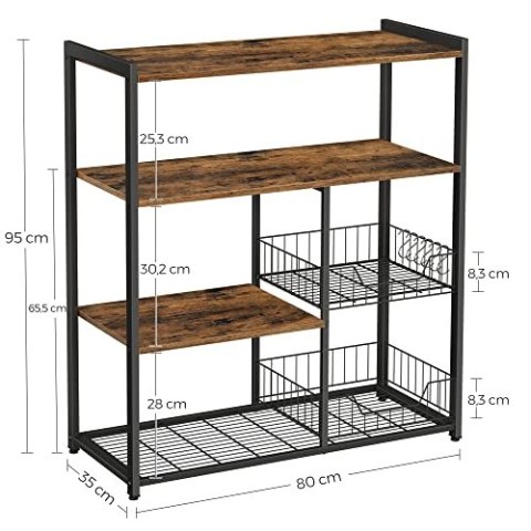Baker's Rack, Wyspa Kitchen z 2 metalowymi koszykami, półkami i haczykami, 80 x 35 x 95 cm, w stylu przemysłowym, rustykalny brą