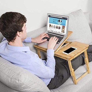 Stolik na laptopa z szufladą, składany bambusowy stolik na laptopa, stolik przy łóżku, czytanie, śniadanie, rysunek, 55 x (21-29