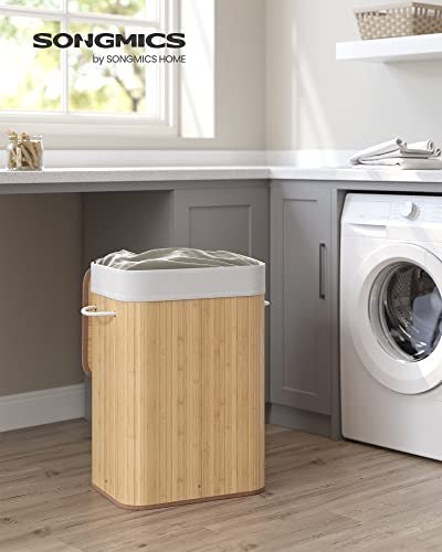 Bambusowy kosz na pranie, Składany przechowywanie XL z wyjmowaną podszewką, 72L, 40 x 30 x 60 cm, naturalny LCB10Y