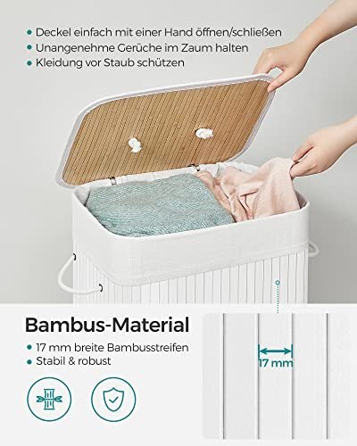 Bambusowy kosz na pranie, 72L Składany kosz, prostokątny schowek z 3 uchwytami, 40 x 30 x 60 cm, biały LCB010W01