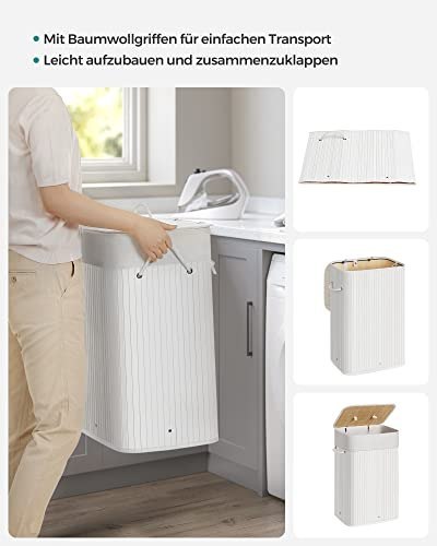 Bambusowy kosz na pranie, 72L Składany kosz, prostokątny schowek z 3 uchwytami, 40 x 30 x 60 cm, biały LCB010W01