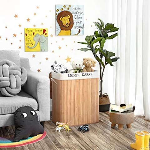 Kosz na pranie z 2 przedziałami kosza na pralnię z wyjmowaną torbą do pralni., Bambus, naturalny, 100L (62,5 x 52 x 32 cm)