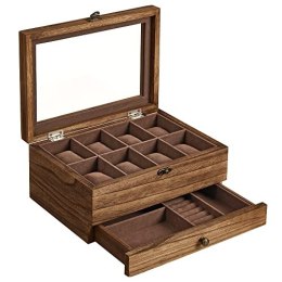 Oglądaj pudełko z 8 gniazdami, 2-poziomowe drewniane obudowa ze zegarem z dużą szklaną pokrywką, poduszki, aksamitne podszewka,