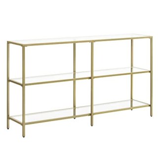 Stół konsolowy, sofa z 3 półkami, szklana półka, 130 x 30 x 73,3 cm, metalowa rama, nowoczesna, do sypialni salonu na korytarzu,