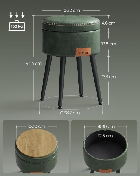 Stołek na toaletki, PU z szwami, nowoczesny stuletnia, okrągłe schowki ze stalowymi nogami, pojemność 150 kg, Forest Green