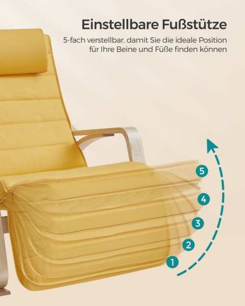 Krzesło z podłokietnikiem brzozy Drewno bujane 5-kierunkowe regulowane obciążenie podnóżka 150 kg dla sypialni salon pastel żółt