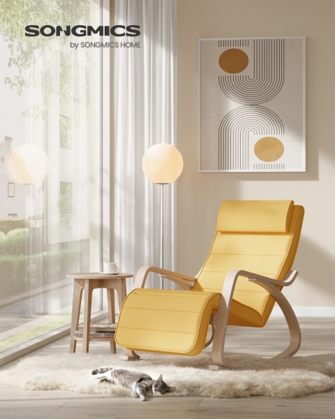 Krzesło z podłokietnikiem brzozy Drewno bujane 5-kierunkowe regulowane obciążenie podnóżka 150 kg dla sypialni salon pastel żółt