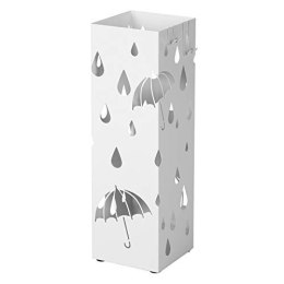 Metalowy stojak parasolowy, kwadratowy uchwyt parasolowy z tacą kroplową i 4 haczykami, 15,5 x 15,5 x 49 cm, biały