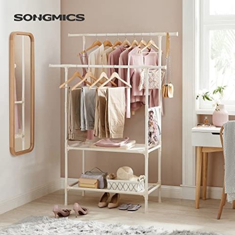 Stojak na ubrania, metalowe stojaki z 2 wiszącymi szynami i 2 półkami do przechowywania, maks. Załaduj 70 kg, łatwy zespół, biał