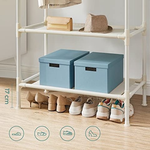 Stojak na ubrania, metalowe stojaki z 2 wiszącymi szynami i 2 półkami do przechowywania, maks. Załaduj 70 kg, łatwy zespół, biał