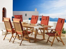 Zestaw ogrodowy drewno akacjowe stół i 6 krzeseł z poduszkami czerwonymi JAVA Lumarko!
