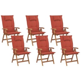 Zestaw 6 krzeseł ogrodowych składany drewno akacjowe z poduszkami czerwonymi JAVA Lumarko!