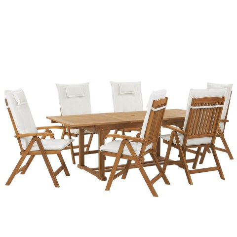 Zestaw ogrodowy drewno akacjowe stół i 6 krzeseł z poduszkami kremowymi JAVA Lumarko!