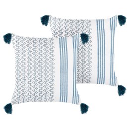 2 bawełniane poduszki geometryczny wzór z frędzlami 45 x 45 cm biało-niebieska TILIA Lumarko!
