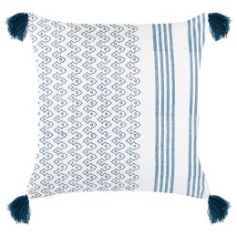 Bawełniana poduszka geometryczny wzór z frędzlami 45 x 45 cm biało-niebieska TILIA Lumarko!