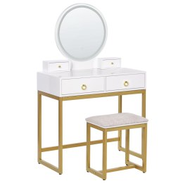 Toaletka 4 szuflady lustro LED ze stołkiem biało-złota AUXON Lumarko!