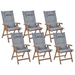 Zestaw 6 krzeseł ogrodowych drewno akacjowe z poduszkami szarymi AMANTEA Lumarko!