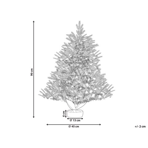Ośnieżona sztuczna choinka ze światełkami w jutowym worku 90 cm zielona MALIGNE