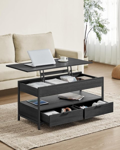Stolik kawowy z podnoszonym blatem, stolik do salonu, z szufladami do przechowywania, ukrytymi przegródkami i otwartą półką, węg