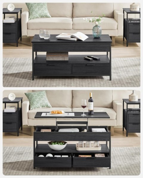 Stolik kawowy z podnoszonym blatem, stolik do salonu, z szufladami do przechowywania, ukrytymi przegródkami i otwartą półką, węg