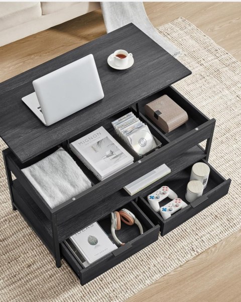 Stolik kawowy z podnoszonym blatem, stolik do salonu, z szufladami do przechowywania, ukrytymi przegródkami i otwartą półką, węg