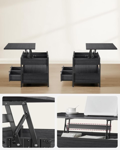 Stolik kawowy z podnoszonym blatem, stolik do salonu, z szufladami do przechowywania, ukrytymi przegródkami i otwartą półką, węg