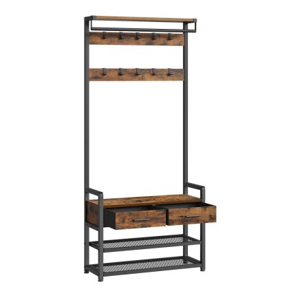 Stojak na ubrania z ławką na buty i 10 haczykami vintage brązowy + atramentowa czerń 30x80,4x181,6 cm