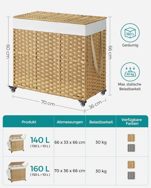 Ręcznie tkany kosz na bieliznę 140 l z polirattanu w naturalnych kolorach 66x33x60 cm