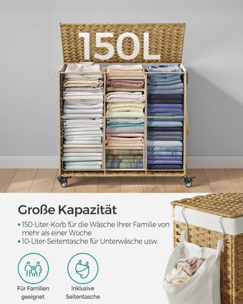 Ręcznie tkany kosz na bieliznę 140 l z polirattanu w naturalnych kolorach 66x33x60 cm