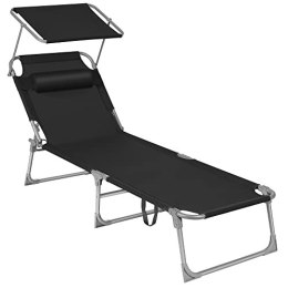 Leżak, leżak, rozkładane krzesło do opalania, z zagłówkiem, regulowanym oparciem, parasolka przeciwsłoneczna, lekki, składany, 5