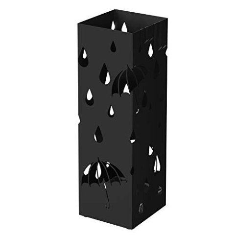 Metalowy stojak na parasole, kwadratowy uchwyt na parasole z tacką ociekową i 4 haczykami, 15,5 x 15,5 x 49 cm, czarny