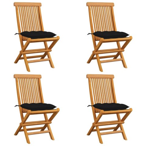 Krzesła ogrodowe, czarne poduszki, 4 szt., lite drewno tekowe Lumarko!