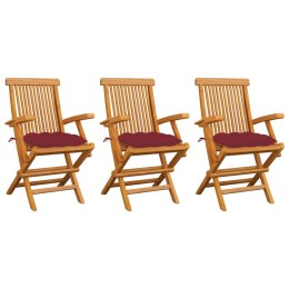 VidaXL Krzesła ogrodowe, czerwone poduszki, 3 szt., drewno tekowe