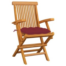 VidaXL Krzesła ogrodowe, czerwone poduszki, 3 szt., drewno tekowe