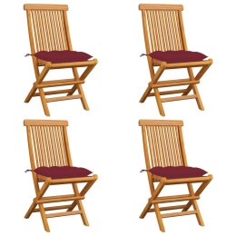 VidaXL Krzesła ogrodowe, czerwone poduszki, 4 szt., drewno tekowe