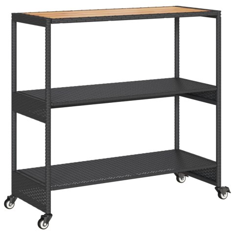 VidaXL Wózek barowy, 3-poziomowy, czarny, polirattan i drewno akacjowe