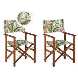 Zestaw 2 krzeseł ogrodowych i 2 wymiennych tkanin ciemne drewno akacjowe z białym / wzór we flamingi CINE Lumarko!
