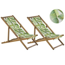 Zestaw 2 leżaków ogrodowych i 2 wymiennych tkanin jasne drewno akacjowe z białym / wzór w liście palmowe zielony ANZIO Lumarko!