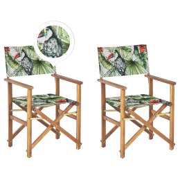 Zestaw 2 krzeseł ogrodowych i 2 wymiennych tkanin jasne drewno akacjowe z białym / wzór w tukany CINE