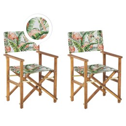 Zestaw 2 krzeseł ogrodowych i 2 wymiennych tkanin jasne drewno akacjowe z białym / wzór we flamingi CINE Lumarko!