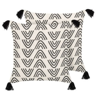 2 bawełniane poduszki dekoracyjne geometryczny wzór z frędzlami 45 x 45 cm biało-czarne MAYS