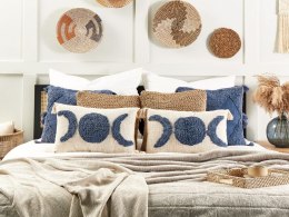 Bawełniana poduszka dekoracyjna tuftowana z frędzlami 35 x 55 cm beżowo-niebieska LUPINUS