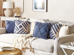 Bawełniana poduszka dekoracyjna tuftowana z frędzlami 45 x 45 cm beżowo-niebieska JACARANDA