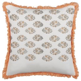 Bawełniana poduszka dekoracyjna w kwiaty z frędzlami 45 x 45 cm biało-pomarańczowa SATIVUS