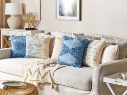 Bawełniana poduszka dekoracyjna 45 x 45 cm beżowa z niebieskim RIVINA