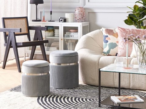 Zestaw 2 welurowych pufów ze schowkiem jasnoszary CAMDENTON