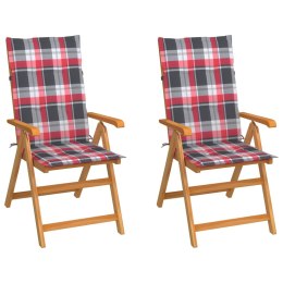Krzesła ogrodowe, 2 szt., z poduszkami w czerwoną kratę, tekowe Lumarko!