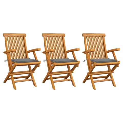 Krzesła ogrodowe z szarymi poduszkami, 3 szt., drewno tekowe Lumarko!