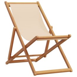 Składane krzesło plażowe, beżowe, drewno eukaliptusa i tkanina