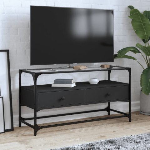 Szafka pod TV ze szklanym blatem, czarna, 98x35x51 cm